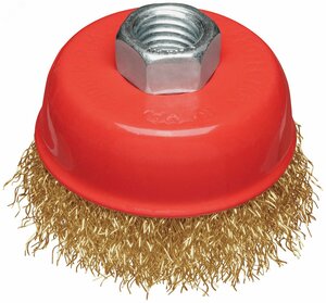 Корщетка-чашка, гайка М14, стальная латунированная волнистая проволока 65 мм, блистер