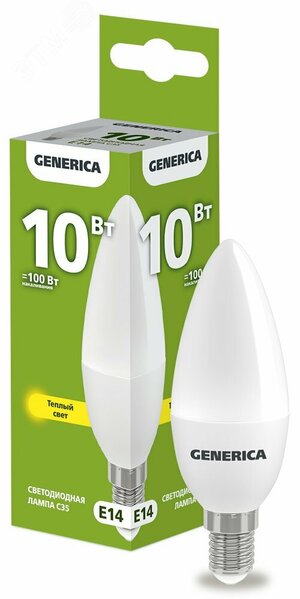 Лампа светодиодная C35 свеча 10Вт 230В 3000К E14 GENERICA