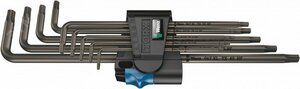Набор Г-образных ключей с функцией фиксации крепежа 967/9 TX XL HF TORX 1 удлиненный TX 8 — TX 40 9 предметов комплектация: 9x 967 XL HF TORX Г-образный ключ с функцией фиксации крепежа удлиненный: TX 8×90 TX 9×101 TX 10×112 TX 15×123 TX 20×137 TX 25×154 TX 27×172 TX 30×195 TX 40×224