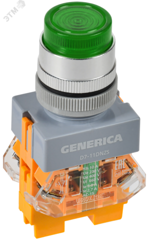 Кнопка D7-11DNZS d=22мм 1з+1р с подсв. и фикс. зел. GENERICA