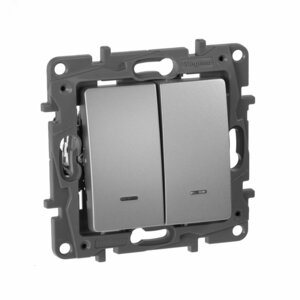 Выключатель 2-клавишный проходной с подсветкой/индикацией 10А безвинтовое крепление алюминий ETIKA
