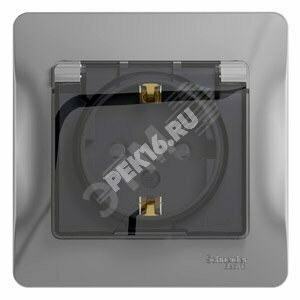 GLOSSA Розетка с заземлением со шторками с крышкой алюминий  в сборе IP44