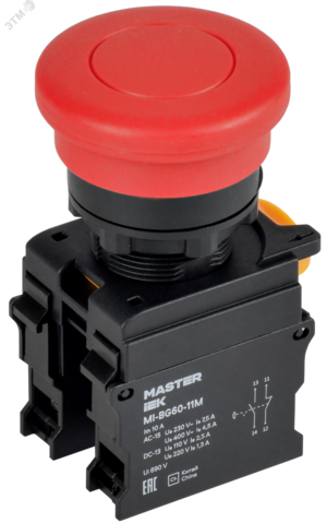 Кнопка Грибок с фиксац. d=22мм 1NO+1NC красная MASTER IEK