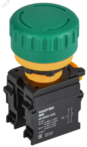 Кнопка Грибок поворот. с фикс. 1NO+1NC зелёная MASTER IEK
