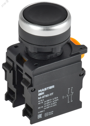 Кнопка с фиксацией d=22мм 1NO+1NC чёрная MASTER IEK