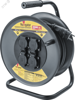 Удлинитель силовой NPE-RM-04-50-E-IP44-3×1.5 на металлической катушке с термовыключателем 4 гнезда c/з 50м КГ 3х1,5 3500 Вт IP44