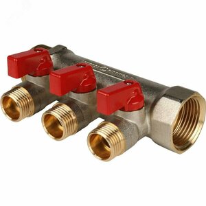 Коллектор с шаровыми кранами 1′, 3 отвода 1/2′ (красные ручки) (RG008S258K3TLM)