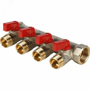 Коллектор с шаровыми кранами 3/4′, 4 отвода 1/2′ (красные ручки) (RG008S917GHTCC)