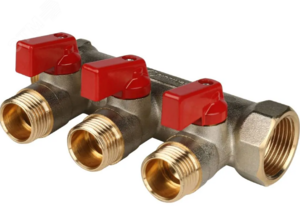 Коллектор с шаровыми кранами 3/4′, 3 отвода 1/2′ (красные ручки) (RG0091AACQM2BK)