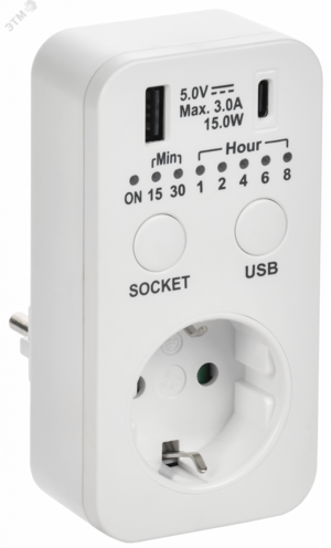 РТЭ-4 Розетка-таймер электронный с USB A+C        15мин-8ч 16А IP20 белый IEK