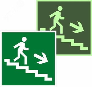 Знак эвакуационный E 13 »Направление к эвакуационному выходу по лестнице вниз направо» 200х200 мм, пленка самоклеящаяся с фотолюминесцентным покрытием ГОСТ Р 12.4.026-2001