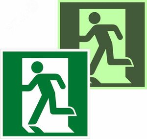 Знак эвакуационный E 01-01 »Выход здесь» (левосторонний) 200х200 мм, металл с покрытием фотолюминесцентным ГОСТ Р 12.4.026-2001